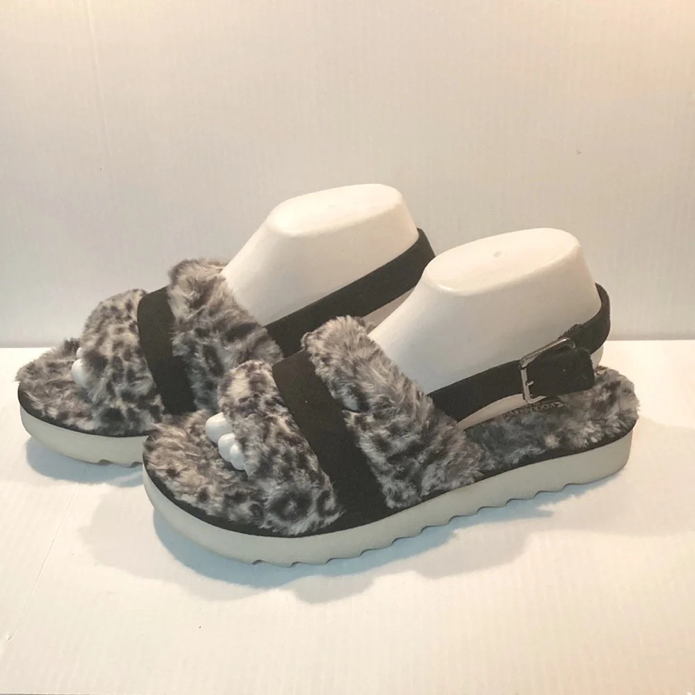 KOOLABURRA by UGG Fuzz’d Out Slingback Sandals Snow Leopard Womens Size 10